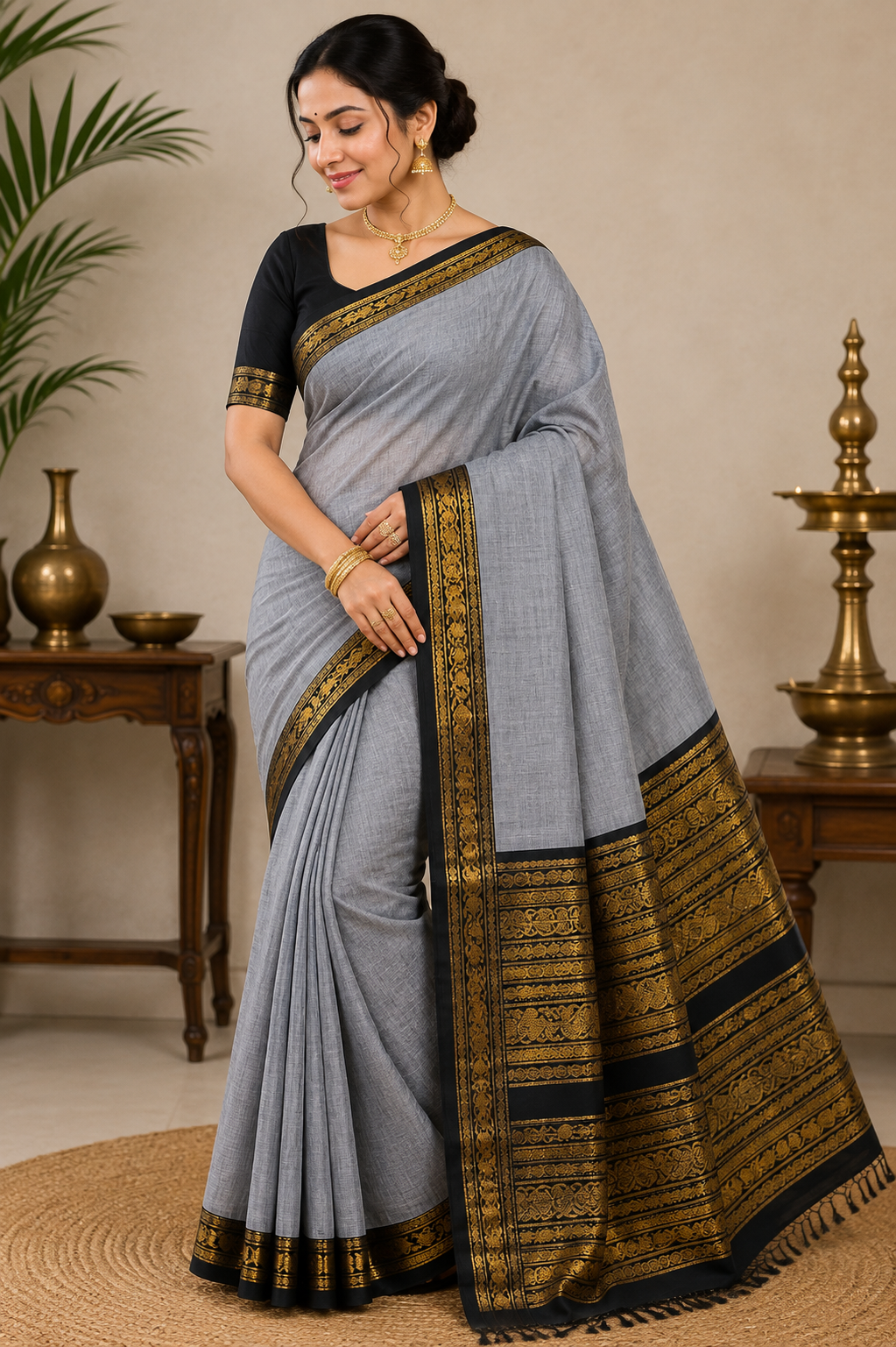 Grey & Black Zari Border Saree