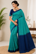 Elegant Teal Green Checkered Saree with Navy Blue Border