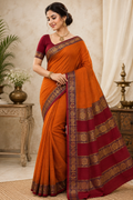 Elegant Orange Saree with Maroon & Gold Zari Border