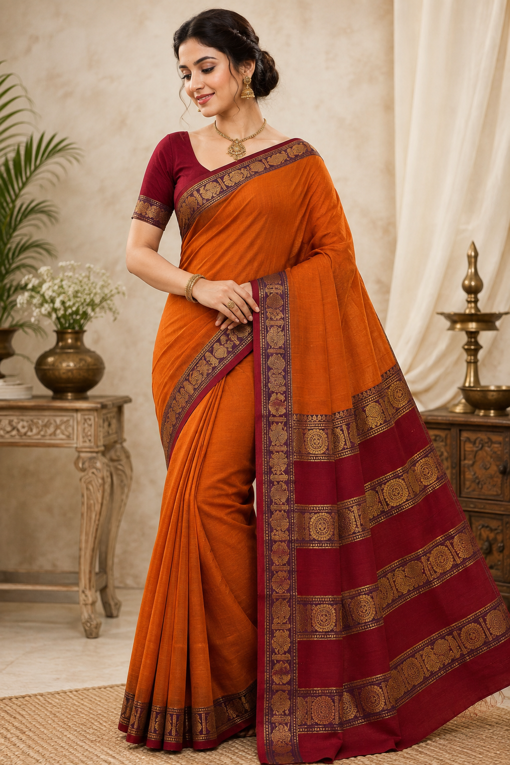 Elegant Orange Saree with Maroon & Gold Zari Border